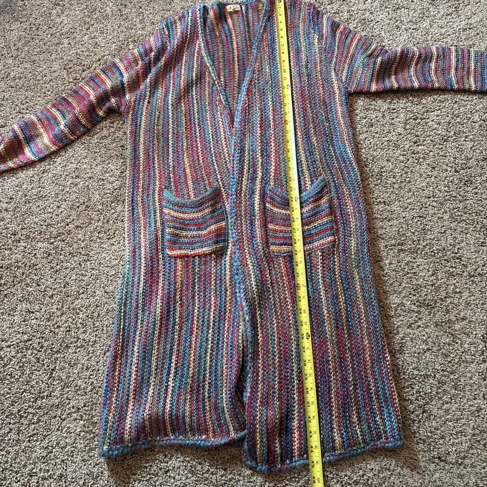 Pol Cardigan Sweater Small Chunky Knit Rainbow Stripe Duster Open Front Boho - Picture 9 of 10